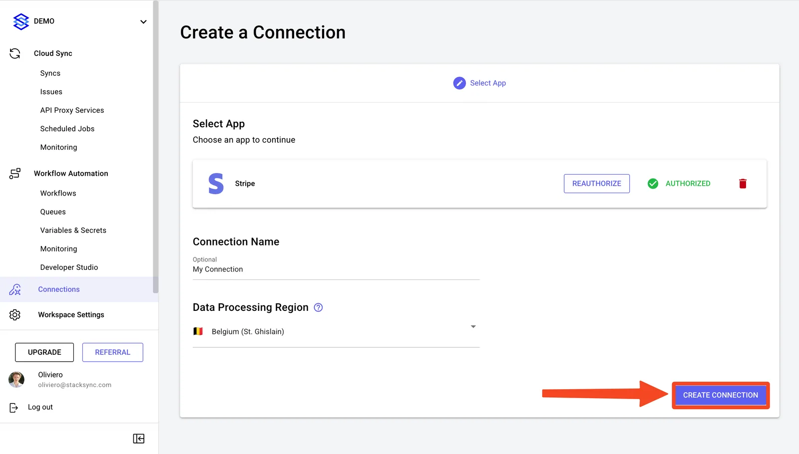 Stacksync Create a Connection page with Stripe authorized, name "My Connection", region Belgium and "CREATE CONNECTION" highlighted