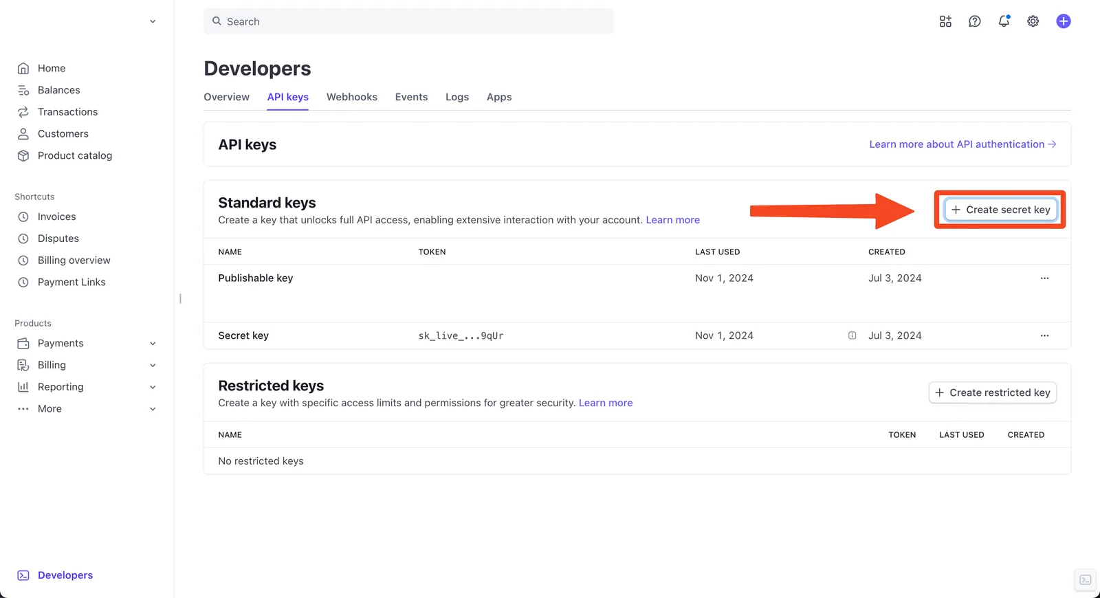 Stripe API keys page with an arrow pointing to the "+ Create secret key" button under Standard keys