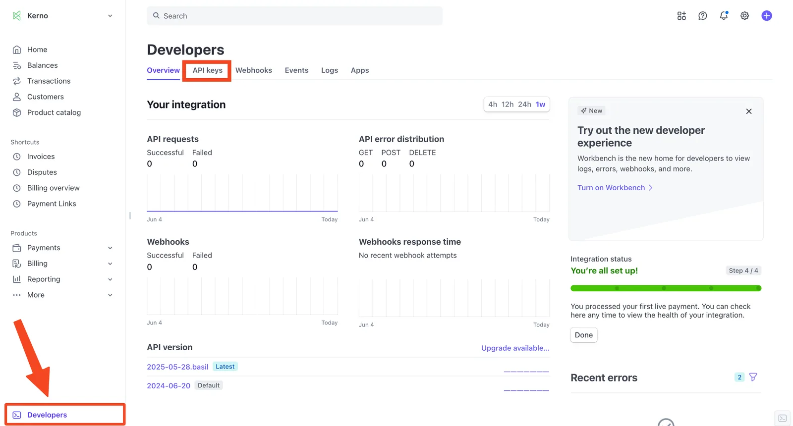 Stripe Dashboard Developers page with "Developers" in the sidebar and the "API keys" tab highlighted