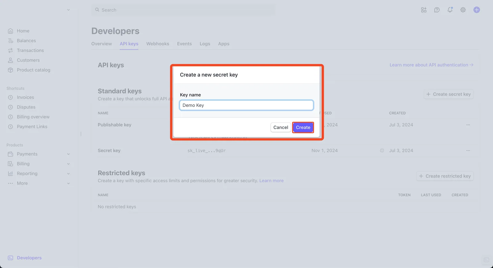 Stripe "Create a new secret key" dialog with Key name "Demo Key" and the "Create" button highlighted