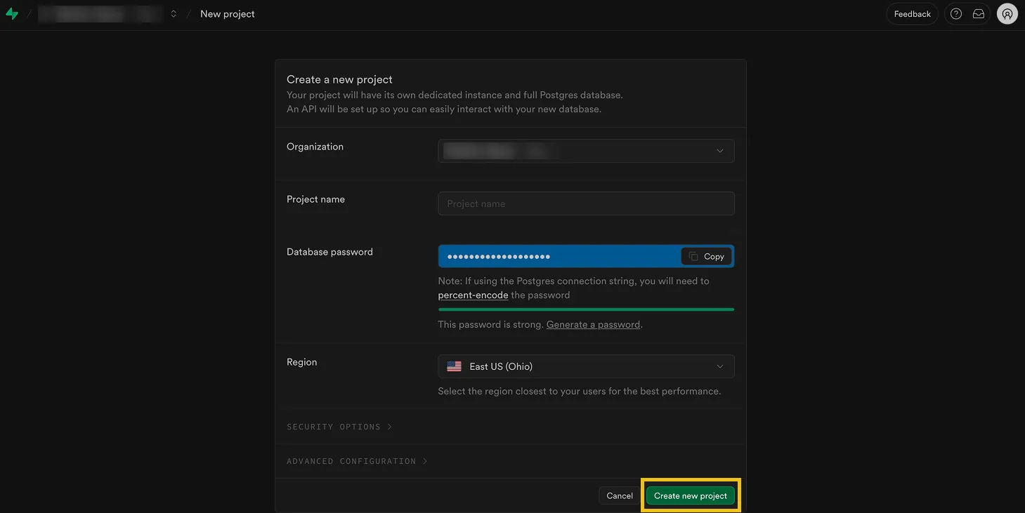 Supabase "Create a new project" form, region East US (Ohio), with the "Create new project" button highlighted