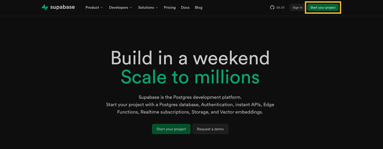 Supabase homepage with the "Start your project" button highlighted in the top navigation