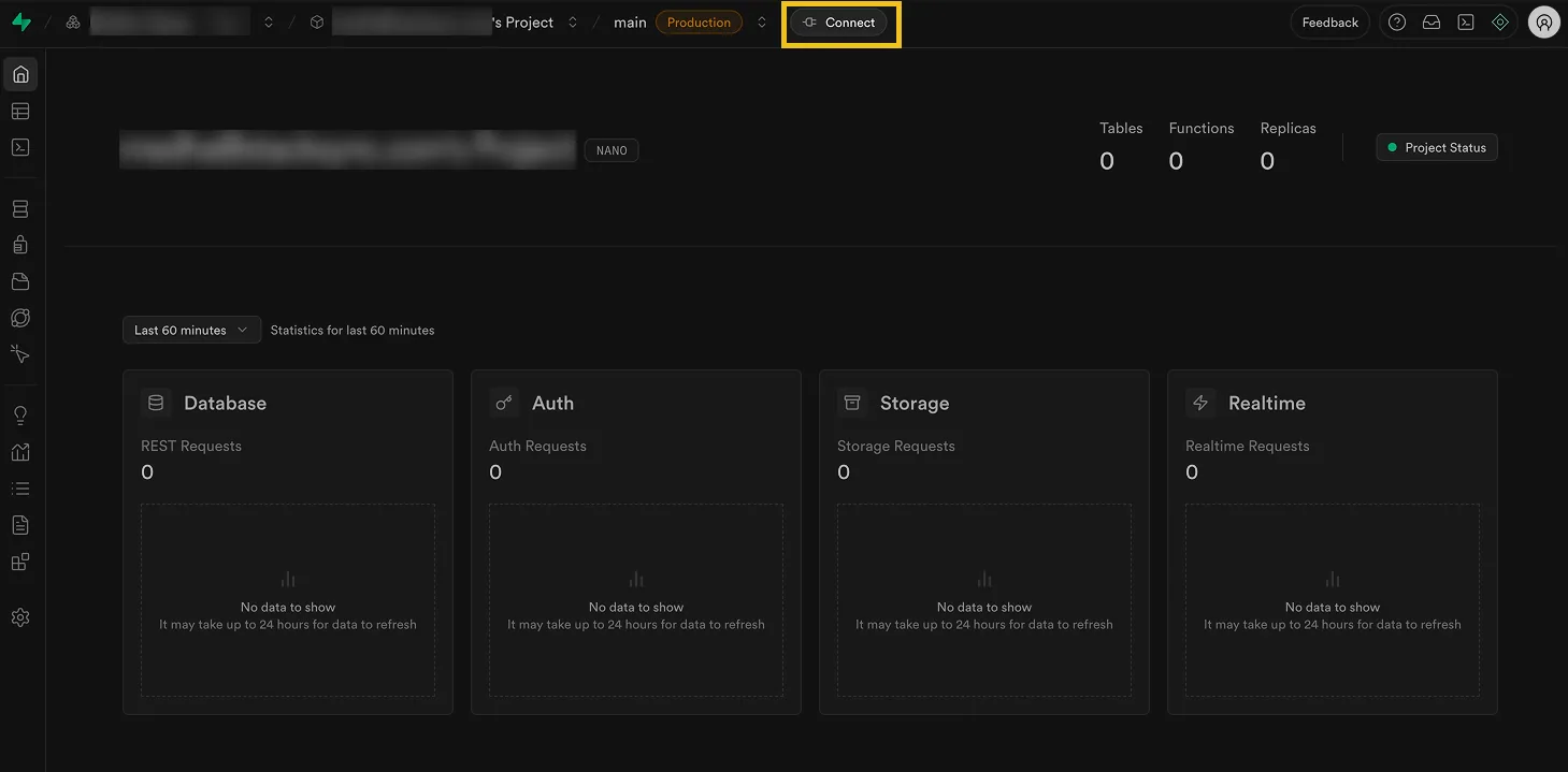 Supabase project dashboard with the "Connect" button highlighted in the top bar