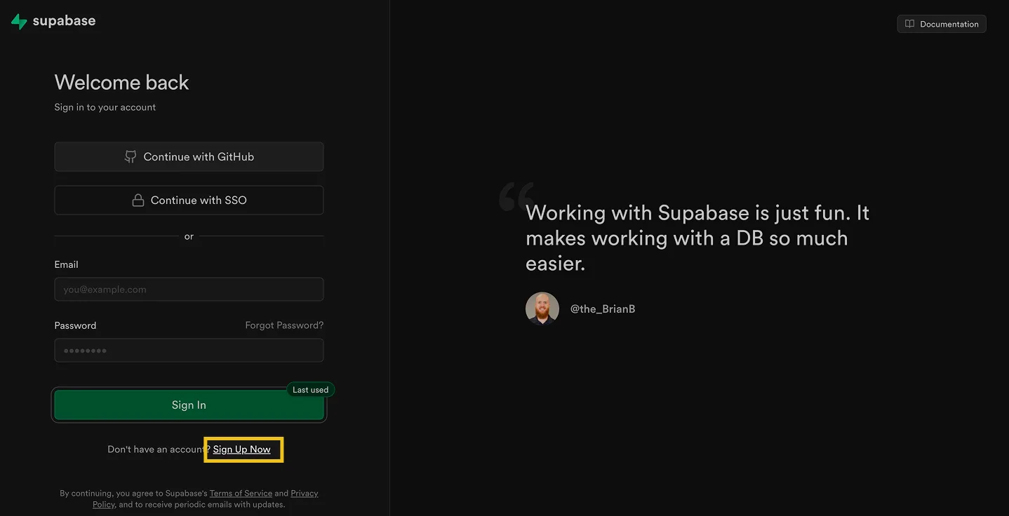 Supabase "Welcome back" sign-in page with the "Sign Up Now" link highlighted