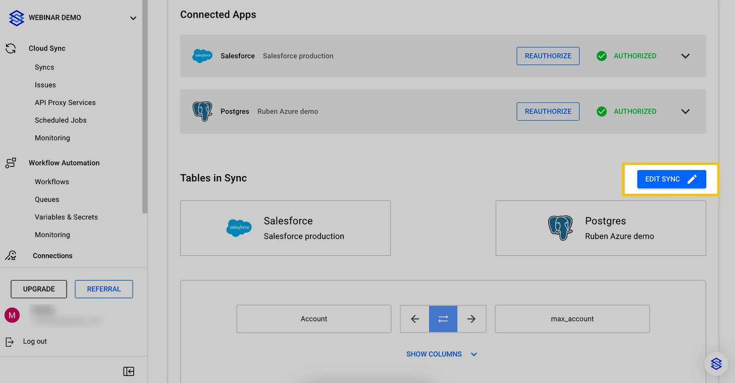 Sync details showing authorized Salesforce and Postgres connected apps and Tables in Sync, with the "Edit sync" button highlighted.