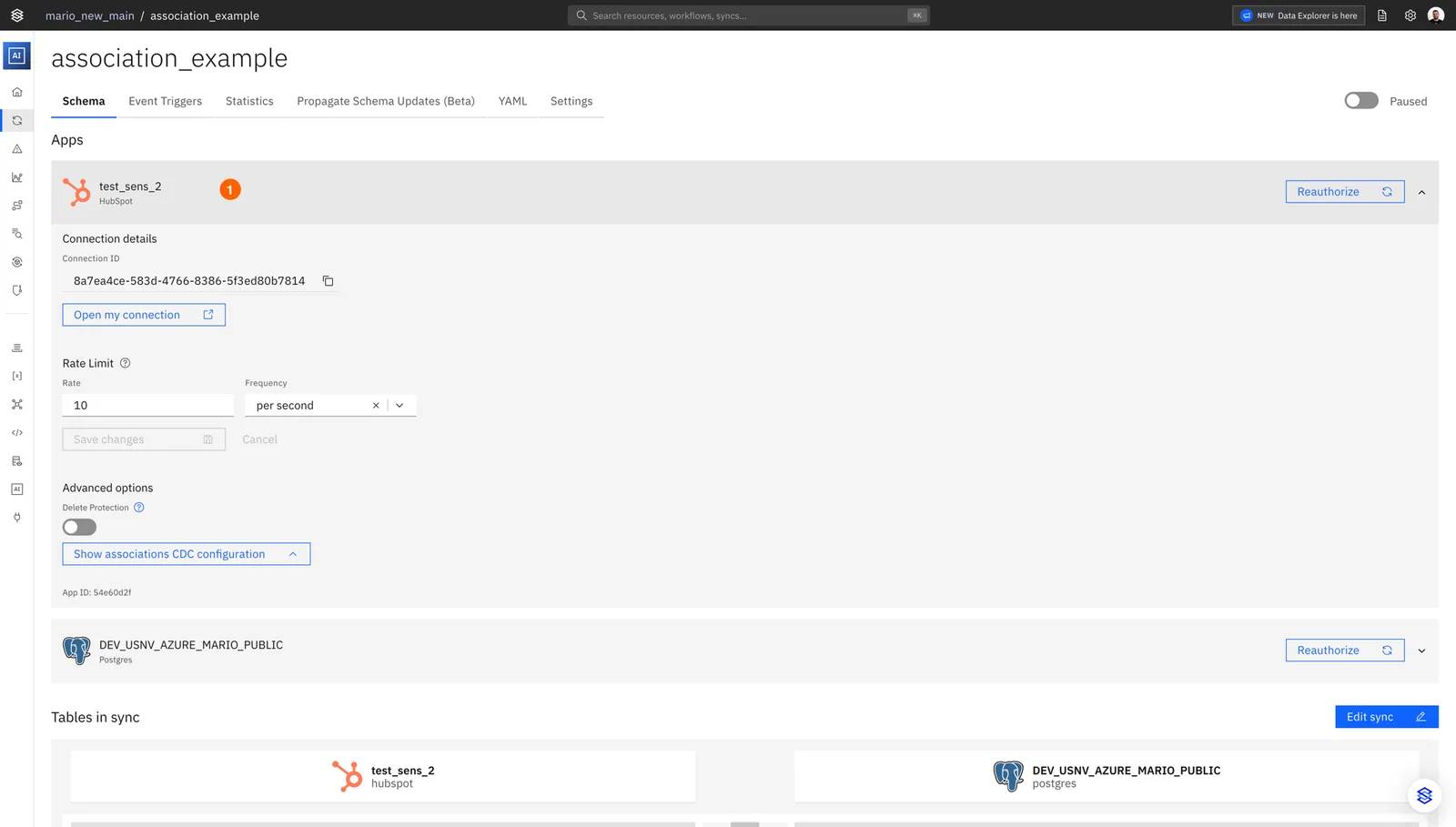 Stacksync sync Schema tab with the HubSpot app section expanded, showing connection details and "Show associations CDC configuration".