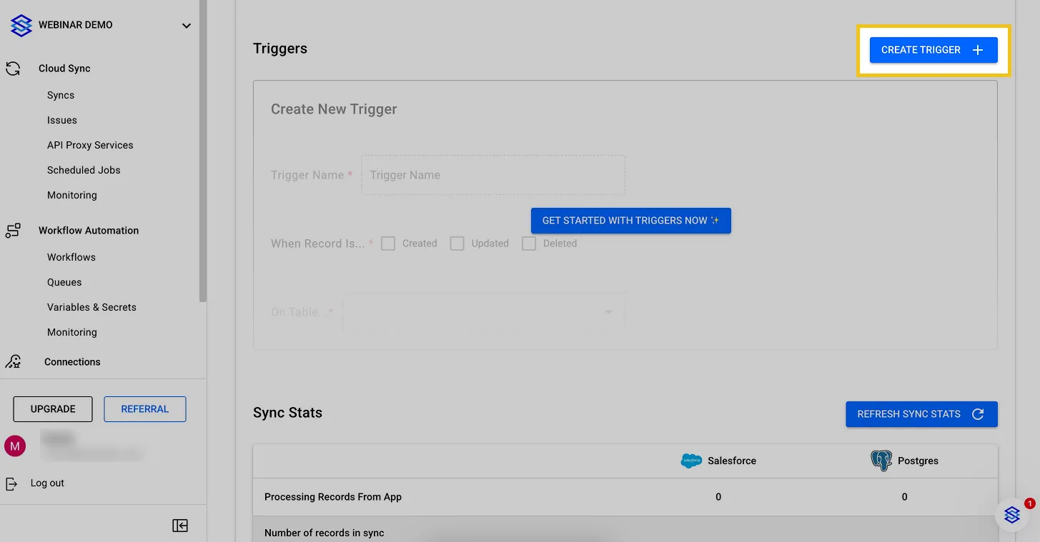 Sync detail Triggers section with the "Create trigger" button highlighted above an empty Create New Trigger form.