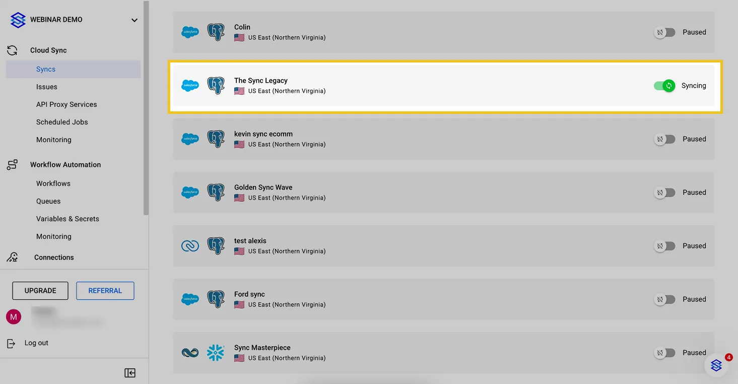 Syncs list with the Salesforce-Postgres "The Sync Legacy" sync highlighted while syncing.