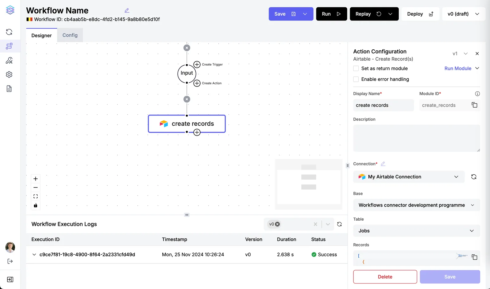Workflow action "create records" configured with "My Airtable Connection", a base and the "Jobs" table selected