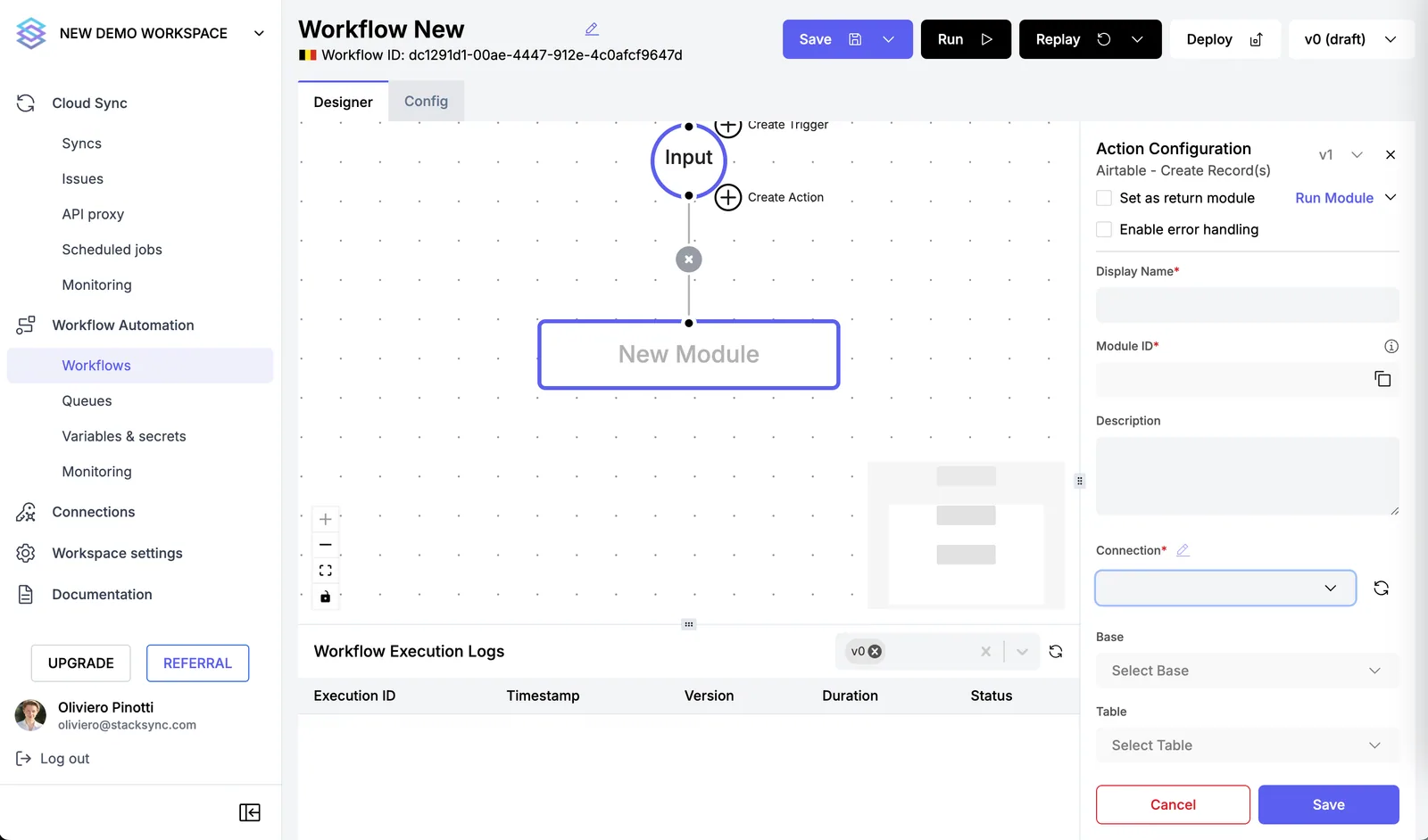 Workflow Action Configuration panel for Airtable Create Record(s) with Display Name, Module ID and empty Connection fields
