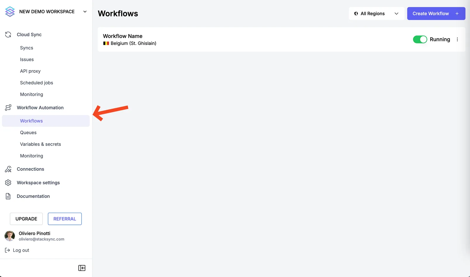 Stacksync sidebar with "Workflows" under "Workflow Automation" highlighted, showing a running workflow