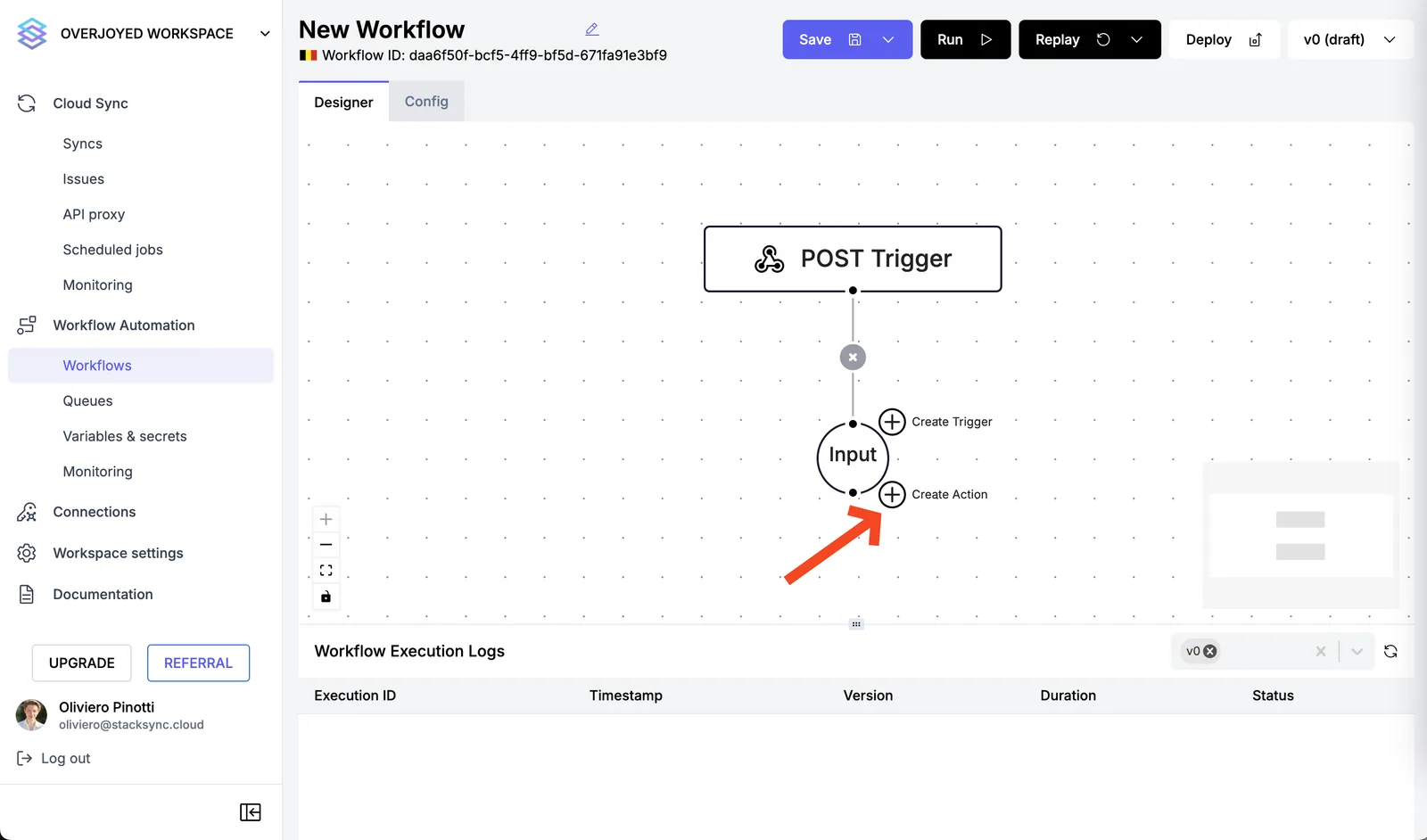 Stacksync workflow designer with a POST Trigger and Input node, an arrow pointing to the "Create Action" plus icon