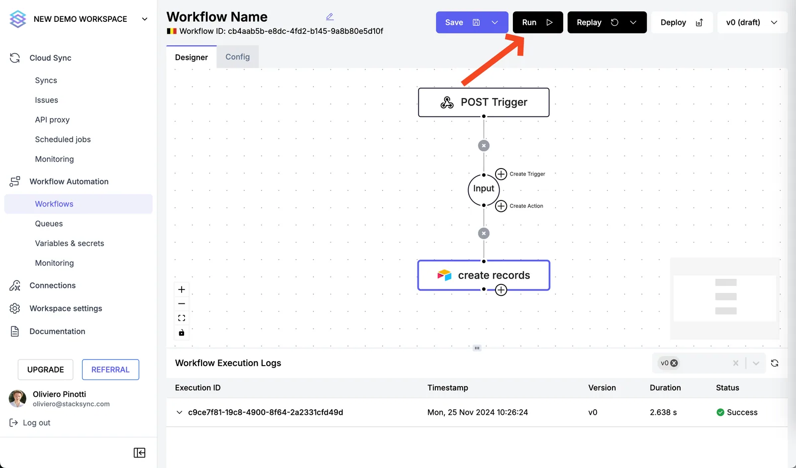 Stacksync workflow with POST Trigger and Airtable "create records" action, an arrow pointing to the "Run" button