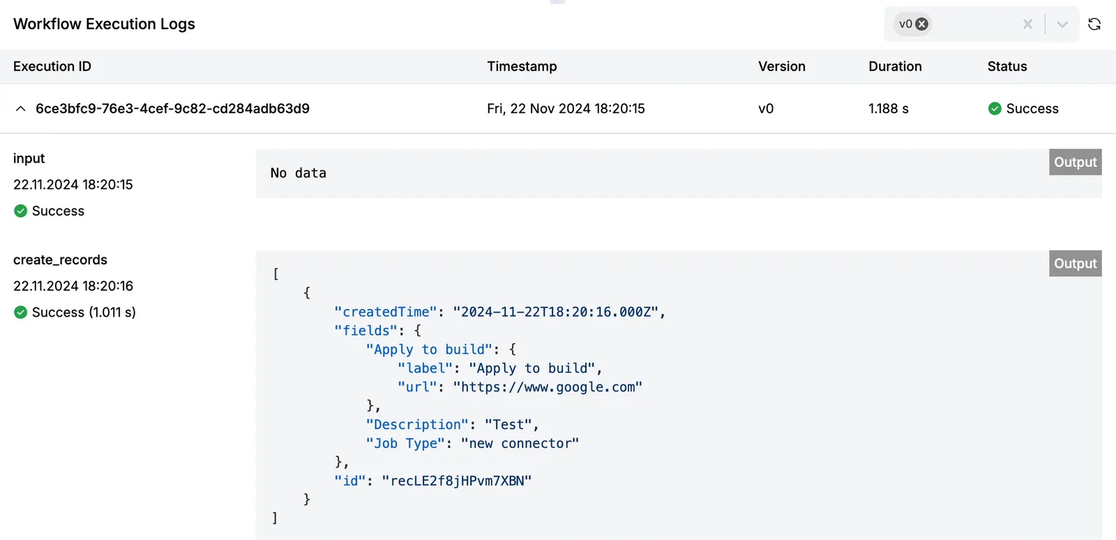 Workflow Execution Logs with a successful run expanded, showing input and create_records output JSON from Airtable