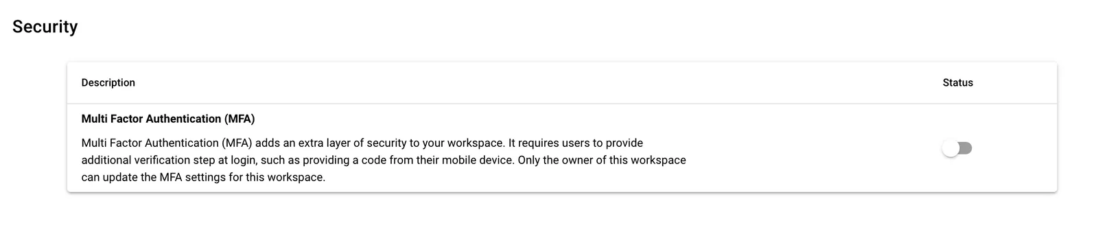 Workspace settings Security section with the Multi Factor Authentication (MFA) status toggle.